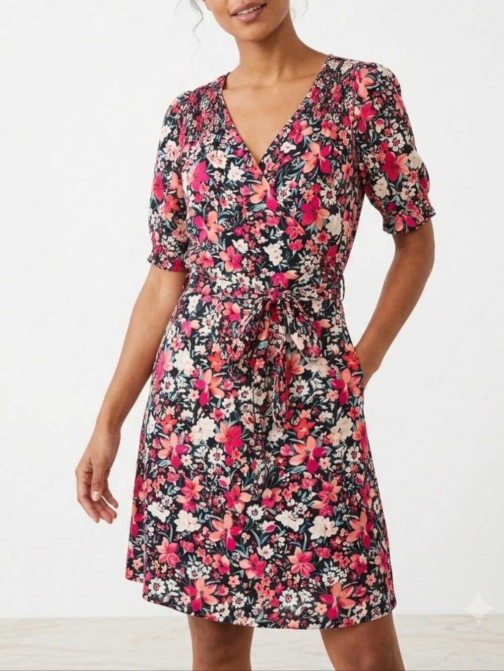 Dynamite Black Floral Wrap Mini Dress with Coral and Cream Blooms